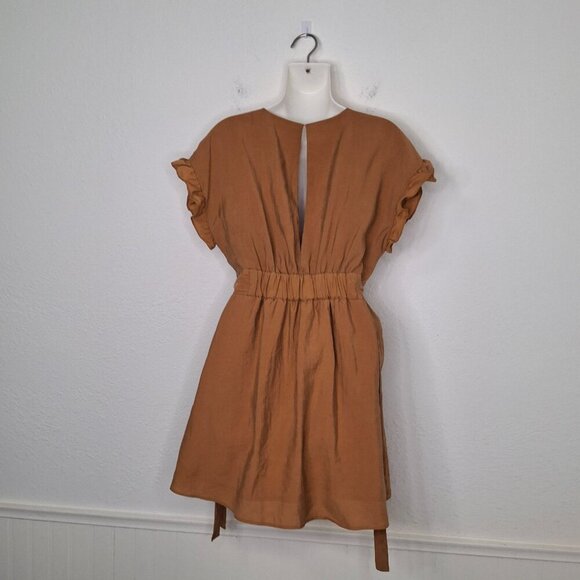 Zara Tie Waist Mini Dress Sz M Elastic Waist Safari Minimalist Neutral Boho - Picture 5 of 16